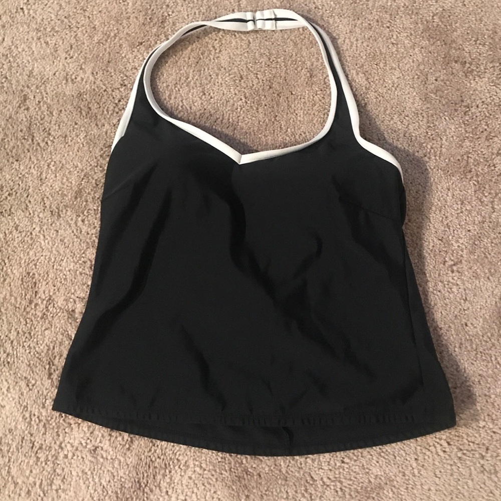 Woman’s halter bath suit top, black w-white accent